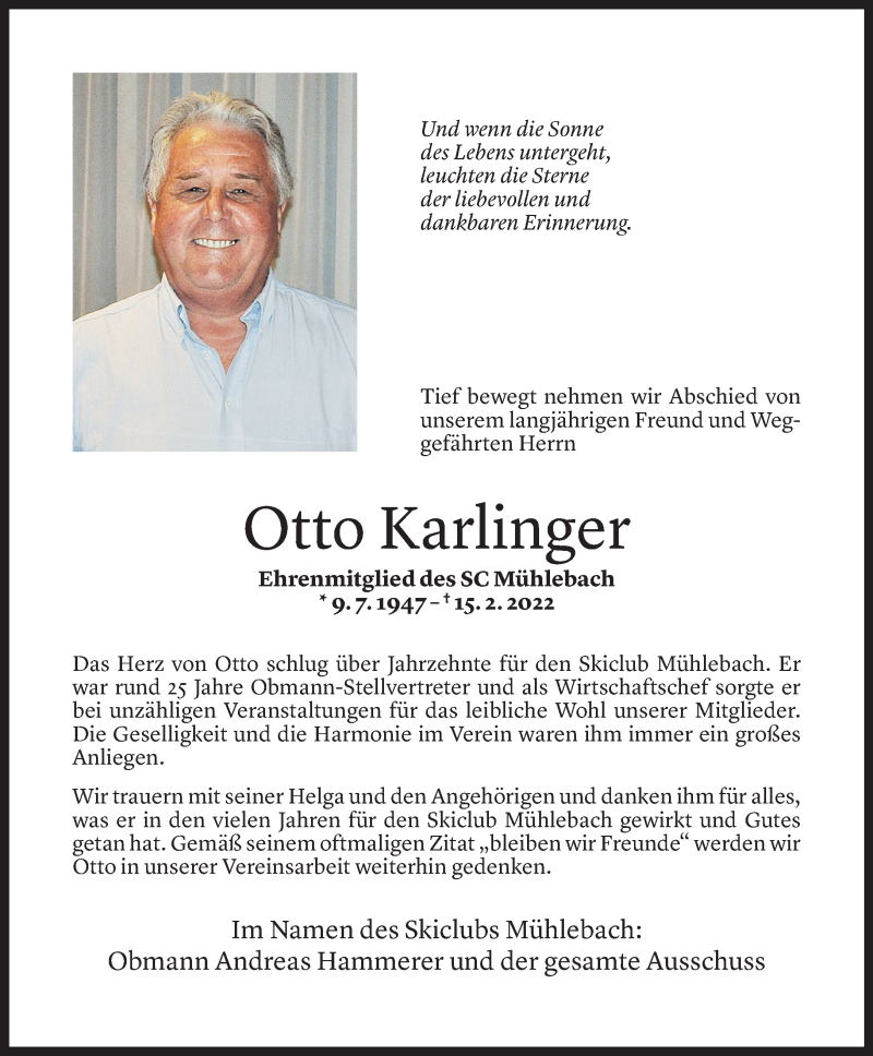  Todesanzeige für Otto Karlinger vom 22.02.2022 aus Vorarlberger Nachrichten