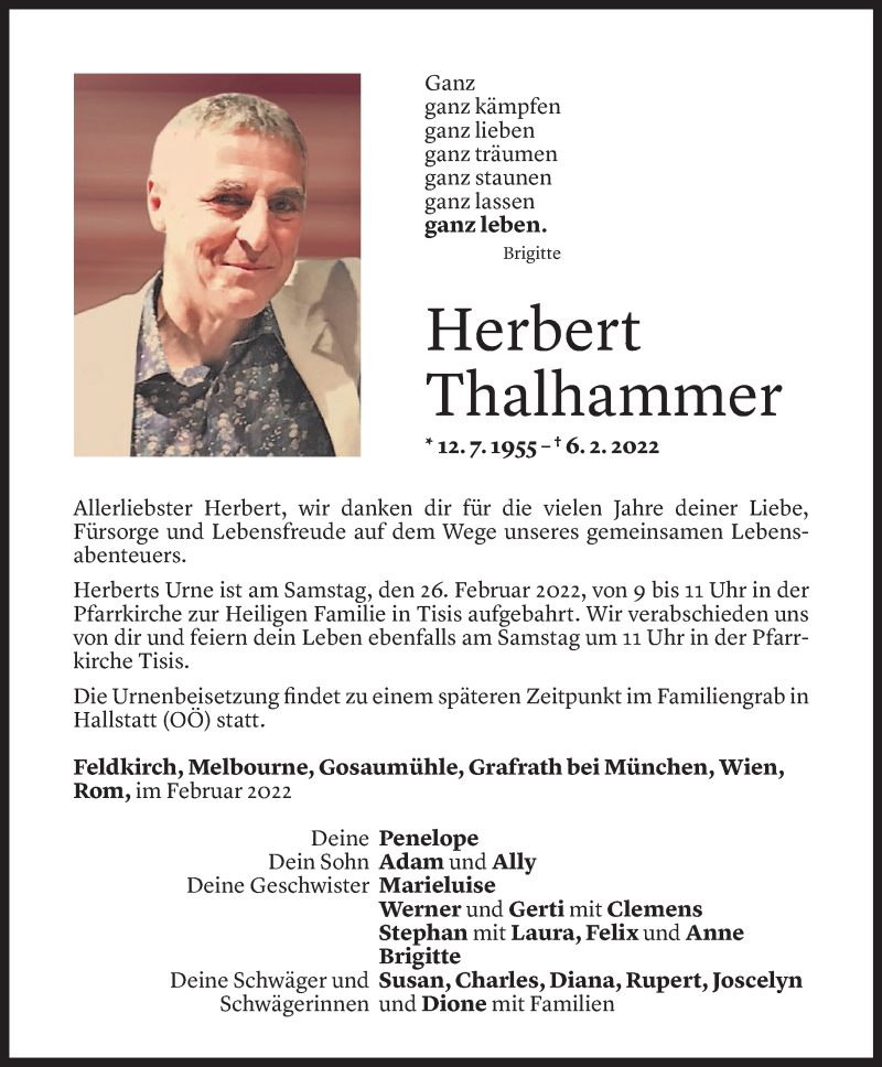  Todesanzeige für Herbert Thalhammer vom 22.02.2022 aus Vorarlberger Nachrichten
