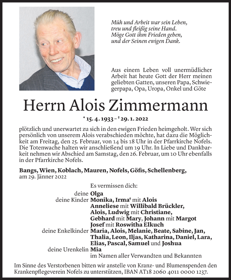  Todesanzeige für Alois Zimmermann vom 22.02.2022 aus Vorarlberger Nachrichten