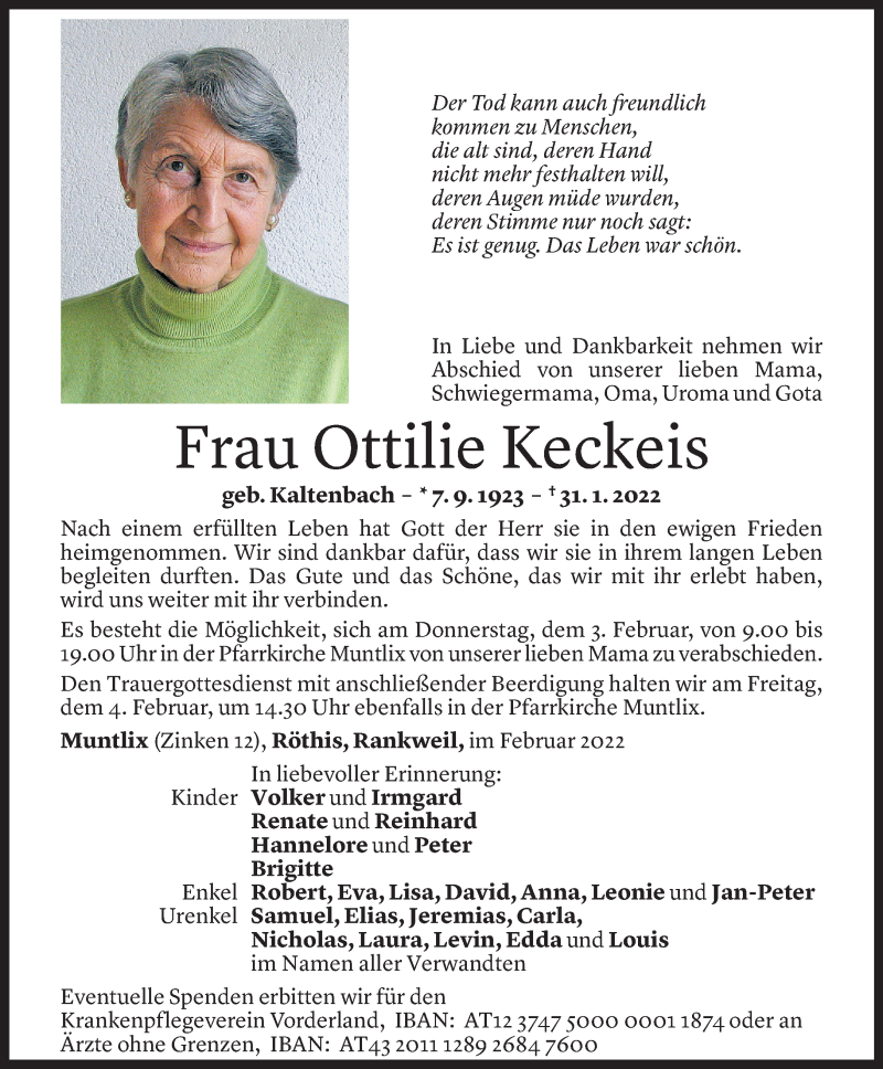  Todesanzeige für Ottilie Keckeis vom 02.02.2022 aus Vorarlberger Nachrichten