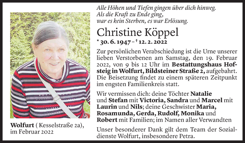  Todesanzeige für Christine Köppel vom 17.02.2022 aus Vorarlberger Nachrichten