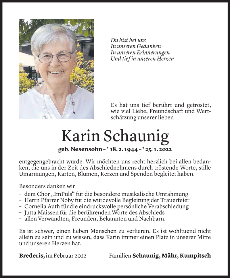  Todesanzeige für Karin Schaunig vom 18.02.2022 aus Vorarlberger Nachrichten