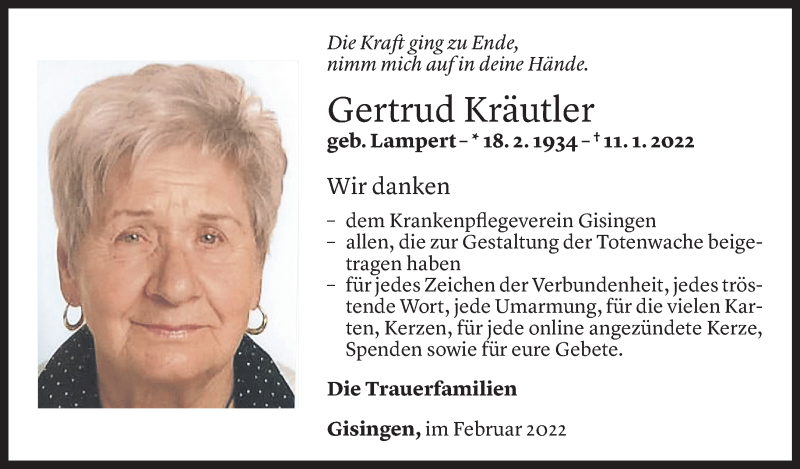  Todesanzeige für Gertrud Kräutler vom 01.02.2022 aus Vorarlberger Nachrichten