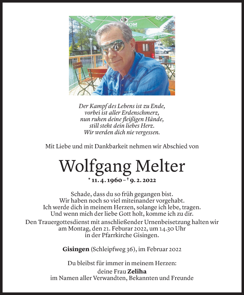  Todesanzeige für Wolfgang Melter vom 17.02.2022 aus Vorarlberger Nachrichten