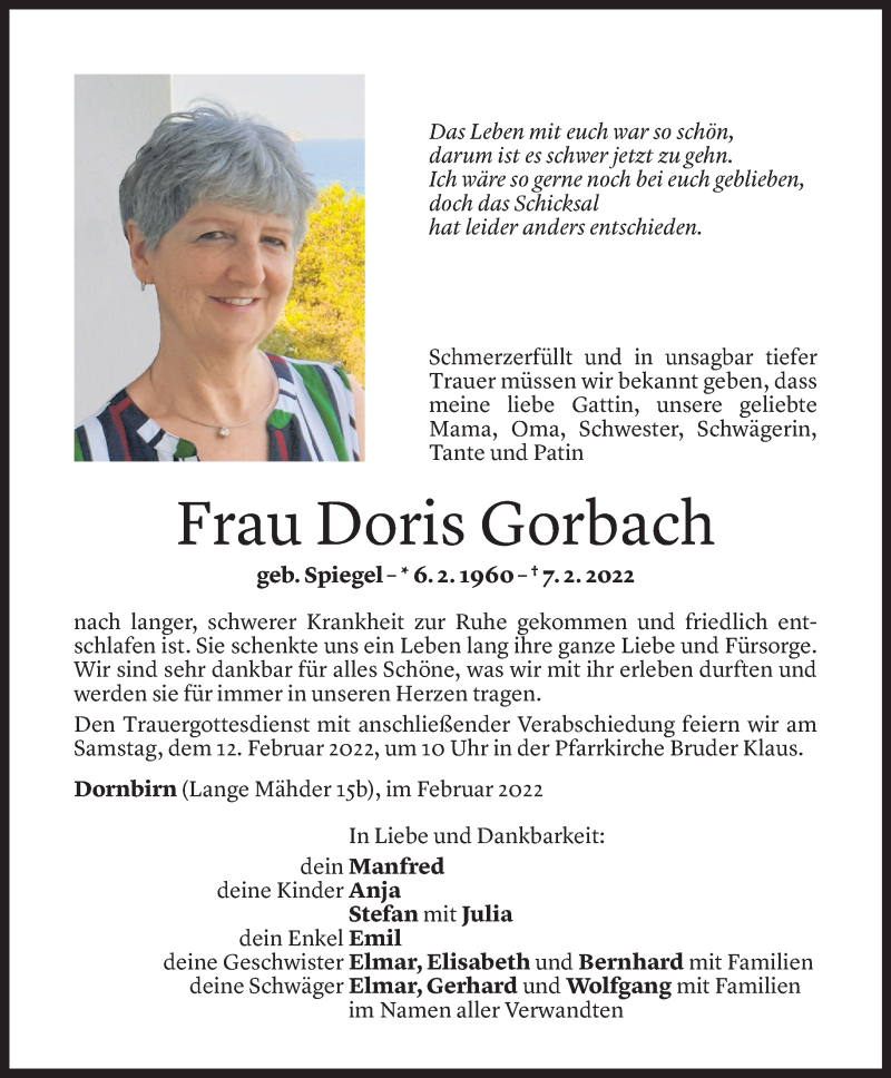 Todesanzeige für Doris Gorbach vom 09.02.2022 aus Vorarlberger Nachrichten
