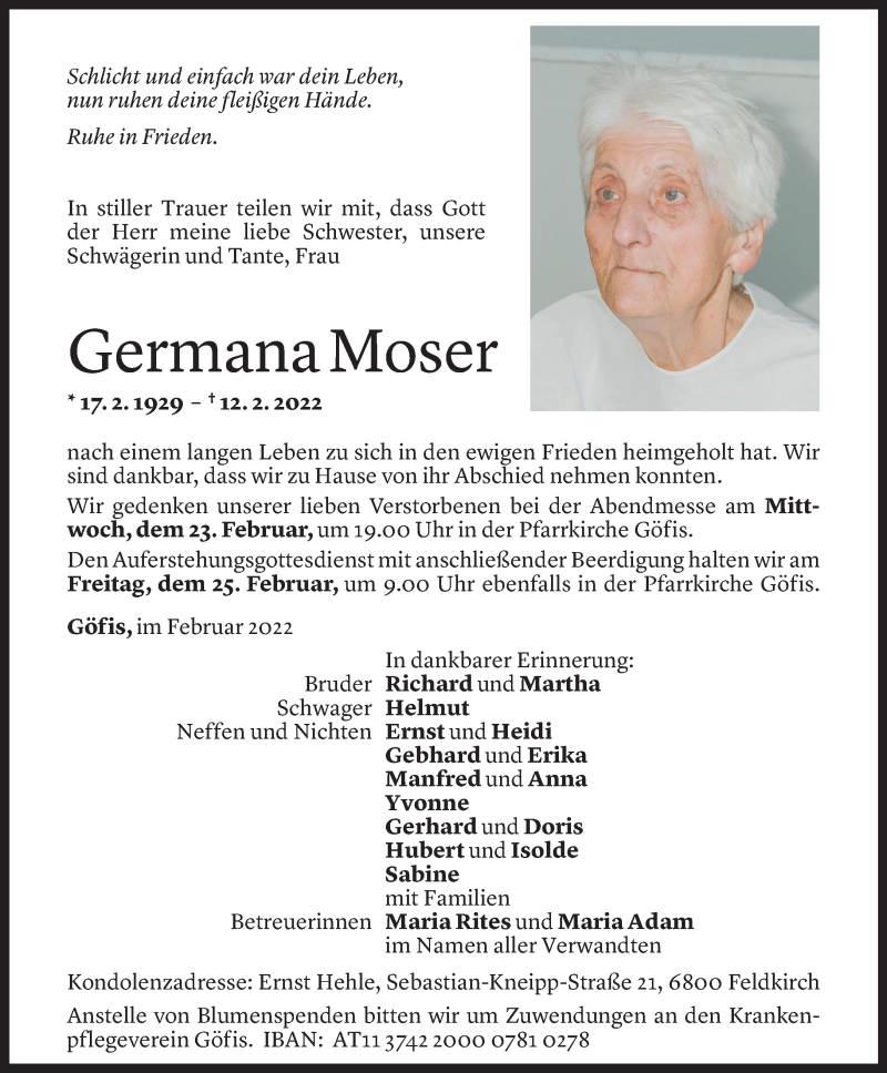  Todesanzeige für Germana Moser vom 21.02.2022 aus Vorarlberger Nachrichten