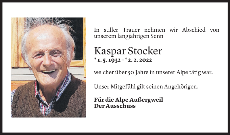  Todesanzeige für Kaspar Stocker vom 06.02.2022 aus Vorarlberger Nachrichten