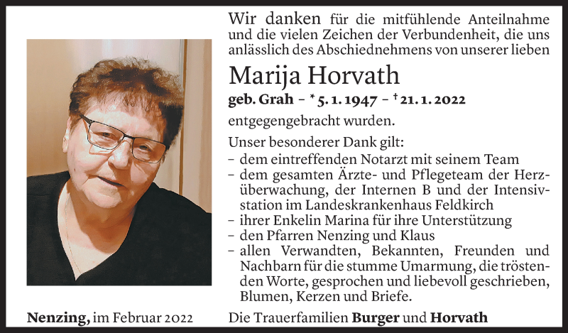  Todesanzeige für Marija Horvath vom 19.02.2022 aus Vorarlberger Nachrichten