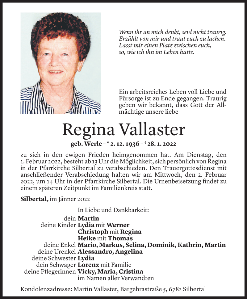  Todesanzeige für Regina Vallaster vom 01.02.2022 aus Vorarlberger Nachrichten