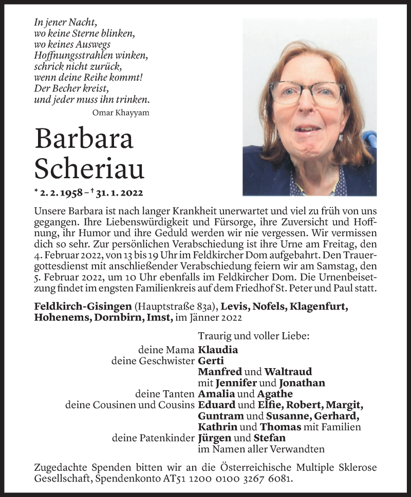  Todesanzeige für Barbara Scheriau vom 02.02.2022 aus Vorarlberger Nachrichten
