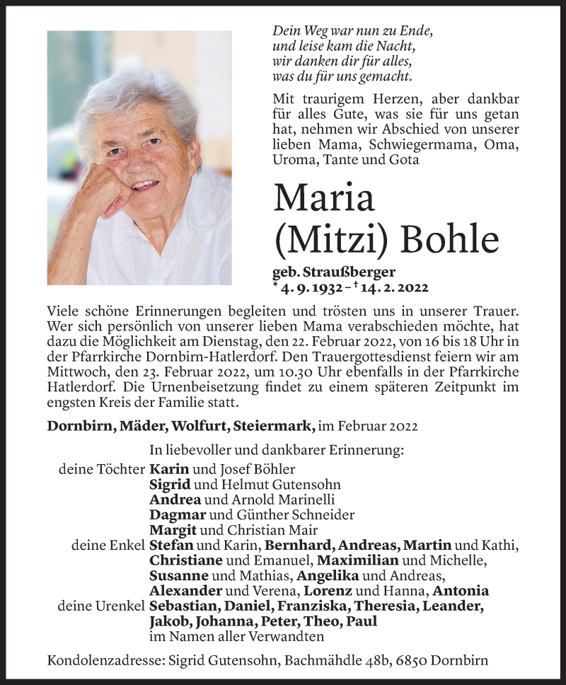  Todesanzeige für Maria Bohle vom 18.02.2022 aus Vorarlberger Nachrichten