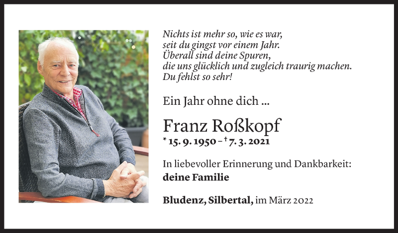  Todesanzeige für Franz Roßkopf vom 06.03.2022 aus Vorarlberger Nachrichten