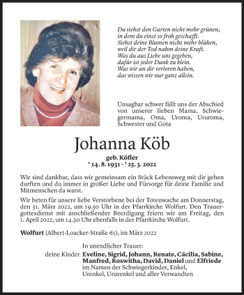 Todesanzeige von Johanna Köb von vorarlberger nachrichten