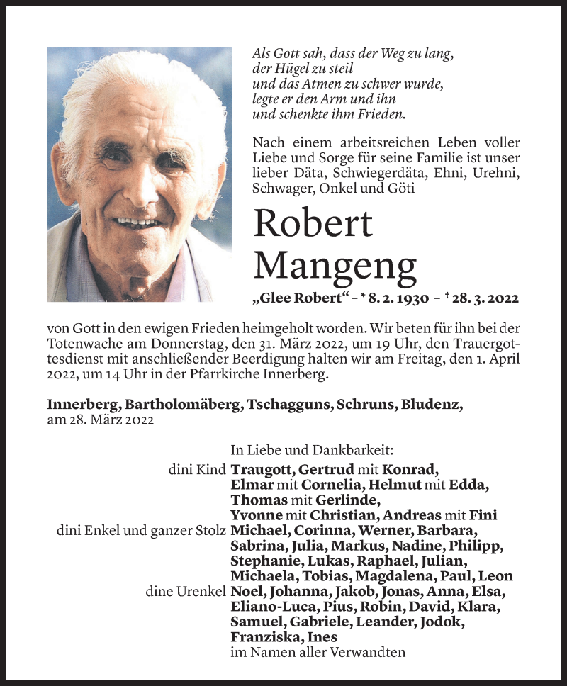  Todesanzeige für Robert Mangeng vom 29.03.2022 aus vorarlberger nachrichten