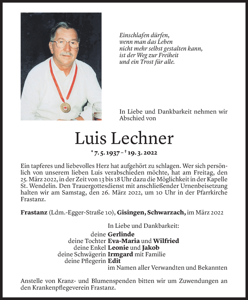  Todesanzeige für Luis Lechner vom 22.03.2022 aus vorarlberger nachrichten