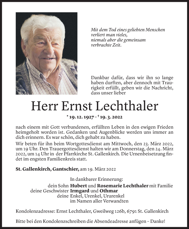  Todesanzeige für Ernst Lechthaler vom 21.03.2022 aus vorarlberger nachrichten