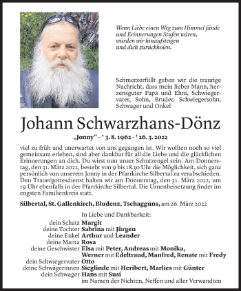 Todesanzeige von Johann Schwarzhans-Dönz von vorarlberger nachrichten