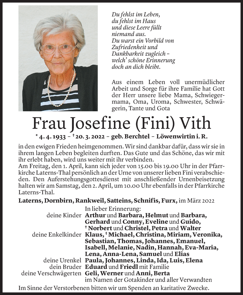  Todesanzeige für Josefine Vith vom 26.03.2022 aus Vorarlberger Nachrichten