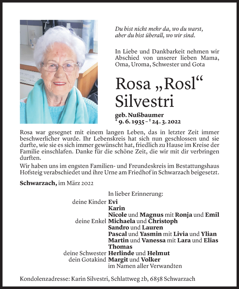  Todesanzeige für Rosa Silvestri vom 30.03.2022 aus vorarlberger nachrichten