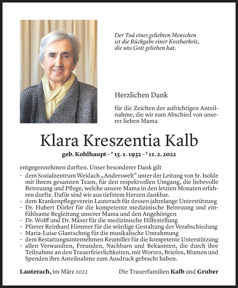  Todesanzeige für Klara Kreszentia Kalb vom 08.03.2022 aus Vorarlberger Nachrichten