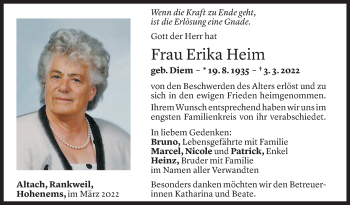 Todesanzeige von Erika Heim von Vorarlberger Nachrichten