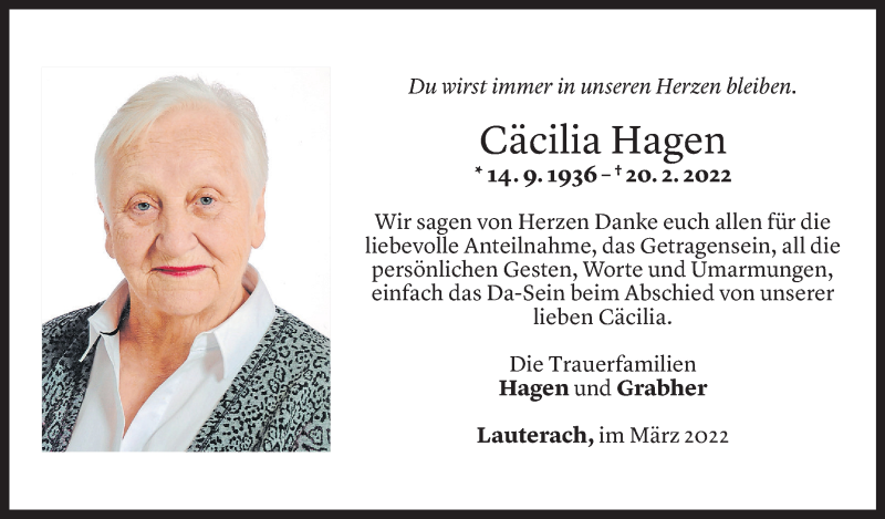  Todesanzeige für Cäcilia Hagen vom 04.03.2022 aus Vorarlberger Nachrichten