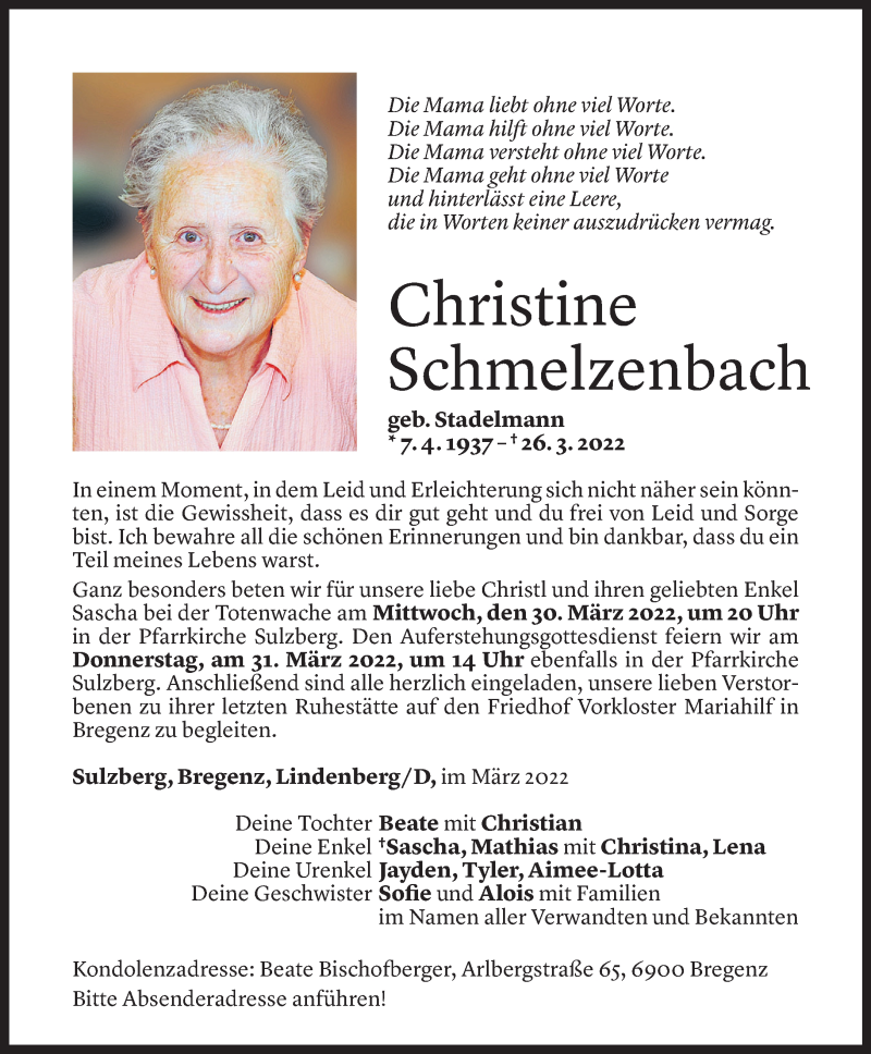  Todesanzeige für Christine Schmelzenbach vom 28.03.2022 aus vorarlberger nachrichten