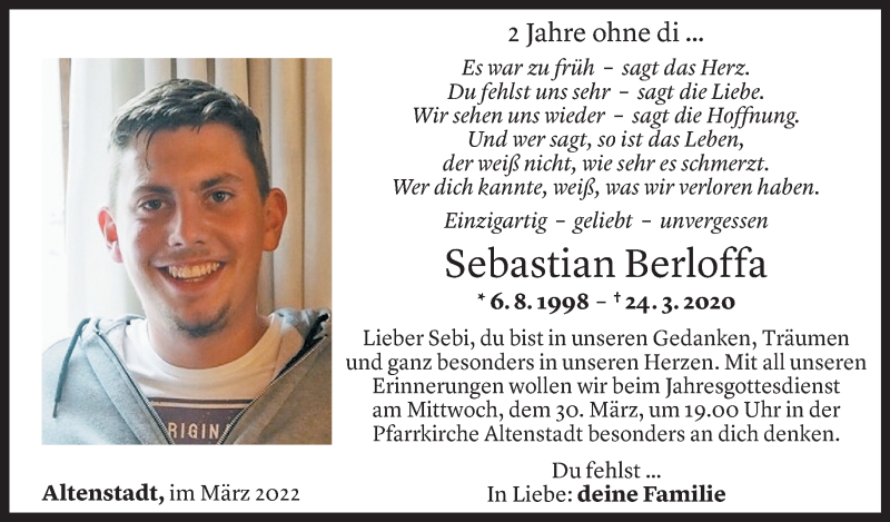  Todesanzeige für Sebastian Berloffa vom 24.03.2022 aus Vorarlberger Nachrichten