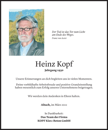 Todesanzeige von Heinz Kopf von vorarlberger nachrichten