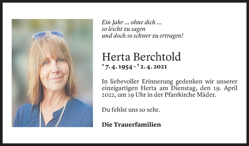  Todesanzeige für Herta Berchtold vom 01.04.2022 aus Vorarlberger Nachrichten