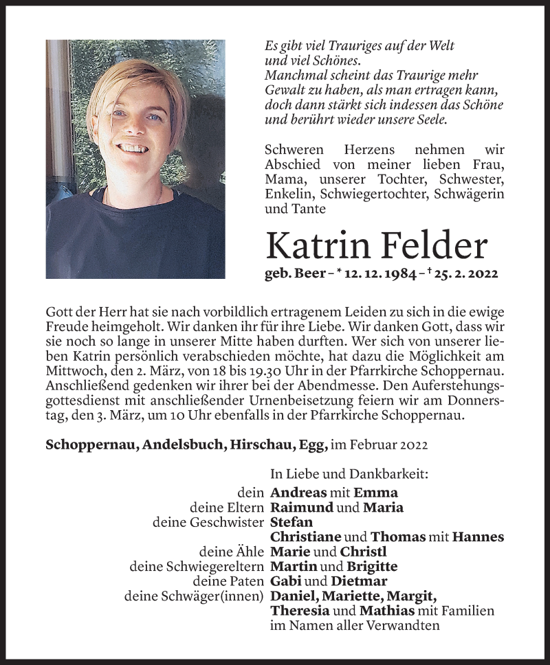  Todesanzeige für Katrin Felder vom 28.02.2022 aus Vorarlberger Nachrichten