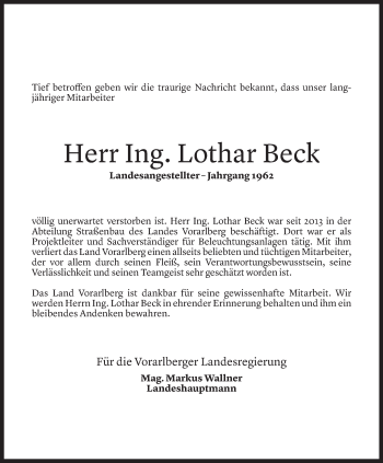 Todesanzeige von Lothar Beck von Vorarlberger Nachrichten