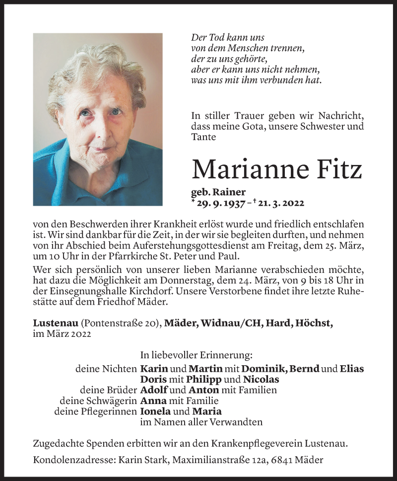  Todesanzeige für Marianne Fitz vom 21.03.2022 aus vorarlberger nachrichten