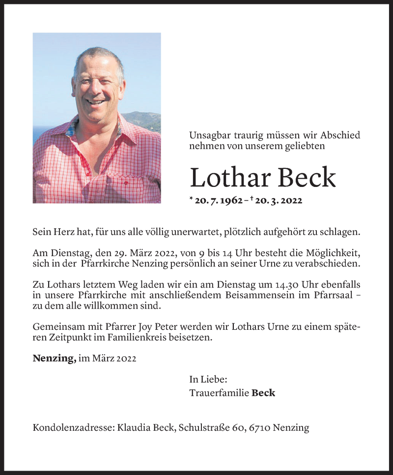  Todesanzeige für Lothar Beck vom 25.03.2022 aus Vorarlberger Nachrichten