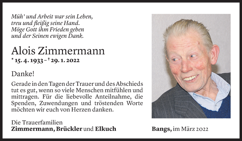  Todesanzeige für Alois Zimmermann vom 18.03.2022 aus Vorarlberger Nachrichten