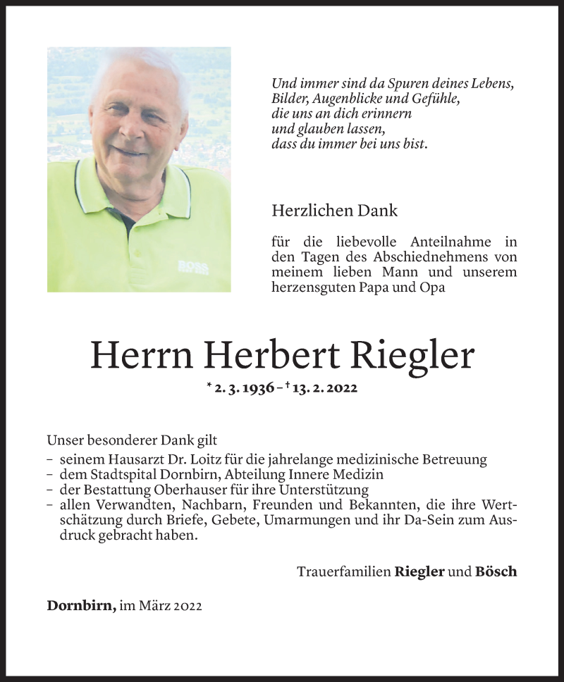 Todesanzeige für Herbert Riegler vom 11.03.2022 aus Vorarlberger Nachrichten