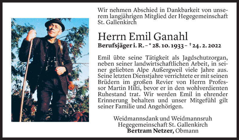  Todesanzeige für Emil Ganahl vom 01.03.2022 aus Vorarlberger Nachrichten
