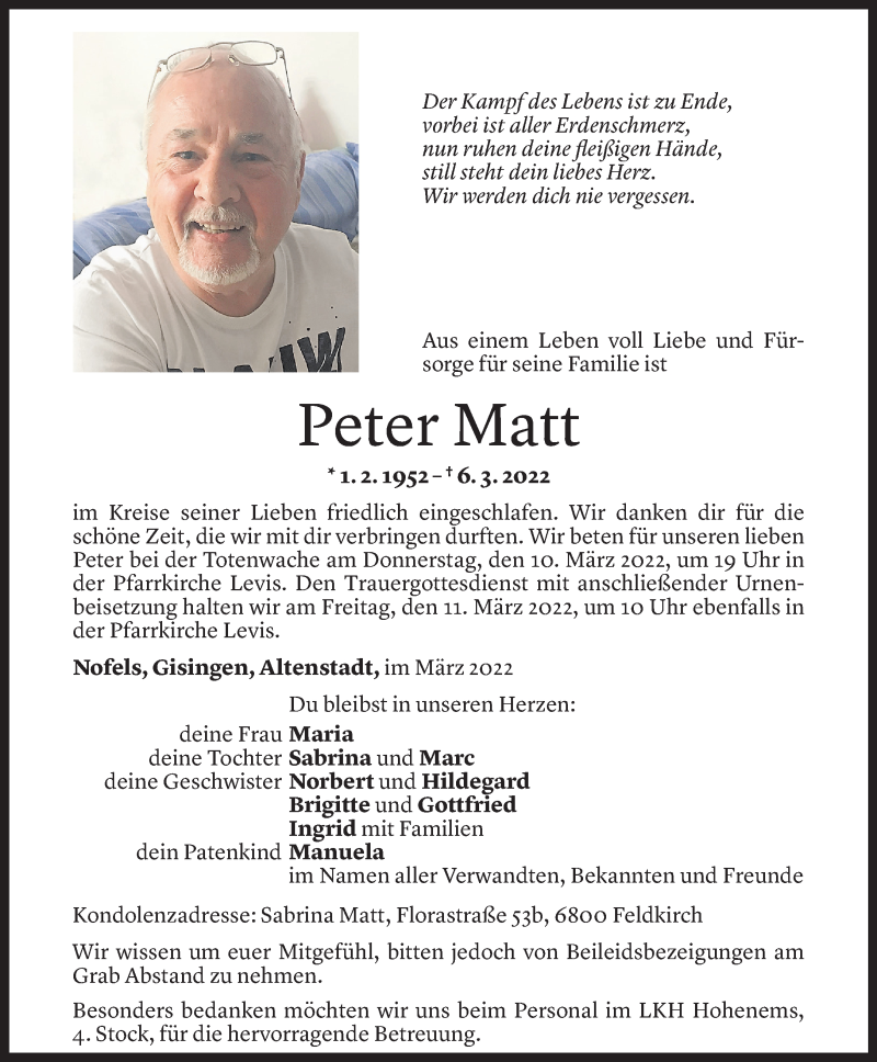  Todesanzeige für Peter Matt vom 08.03.2022 aus Vorarlberger Nachrichten