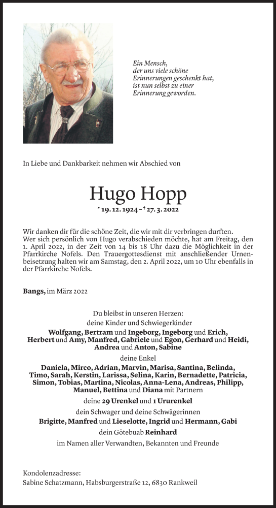  Todesanzeige für Hugo Hopp vom 29.03.2022 aus vorarlberger nachrichten