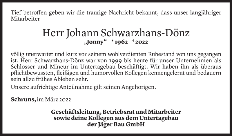  Todesanzeige für Johann Schwarzhans-Dönz vom 29.03.2022 aus vorarlberger nachrichten