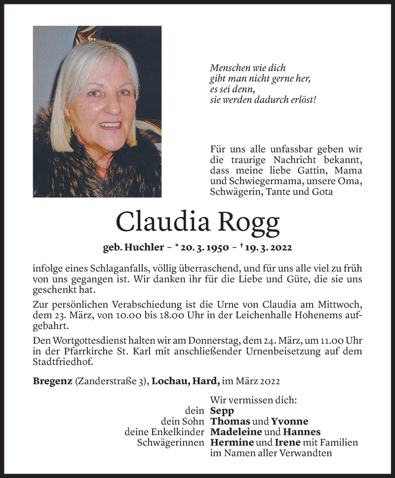  Todesanzeige für Claudia Rogg vom 22.03.2022 aus vorarlberger nachrichten