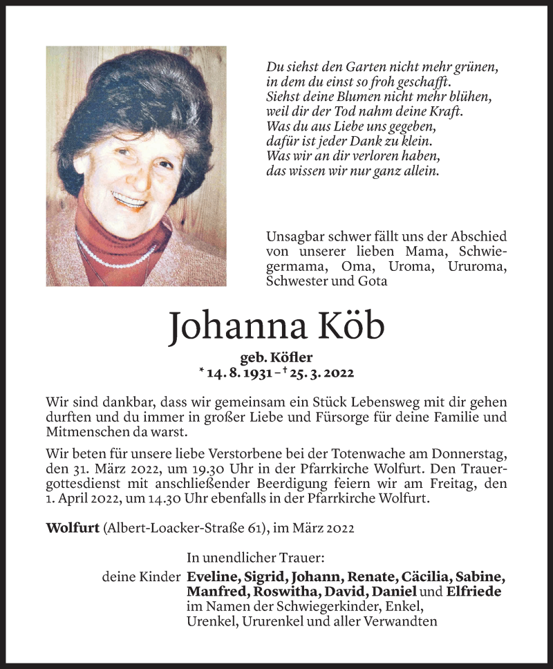  Todesanzeige für Johanna Köb vom 29.03.2022 aus vorarlberger nachrichten