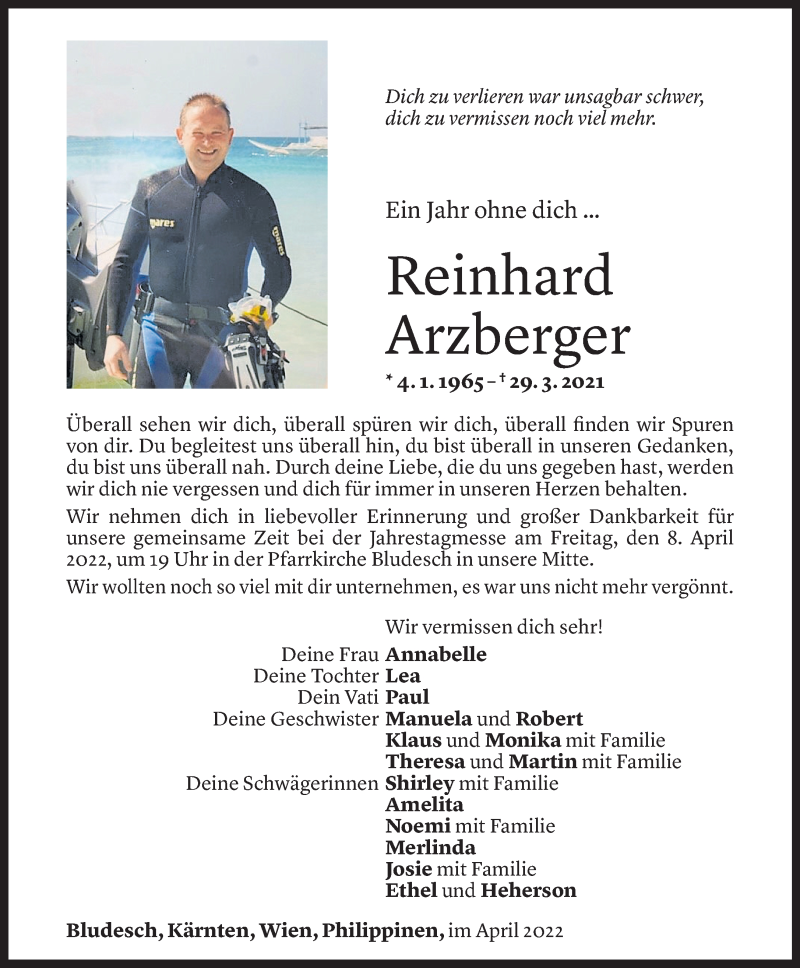  Todesanzeige für Reinhard Arzberger vom 01.04.2022 aus Vorarlberger Nachrichten