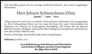 Todesanzeige von Johann Schwarzhans-Dönz von vorarlberger nachrichten