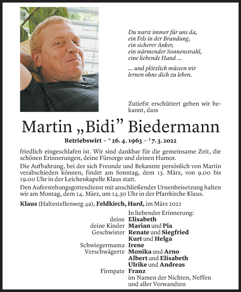 Todesanzeige für Martin Biedermann vom 11.03.2022 aus Vorarlberger Nachrichten