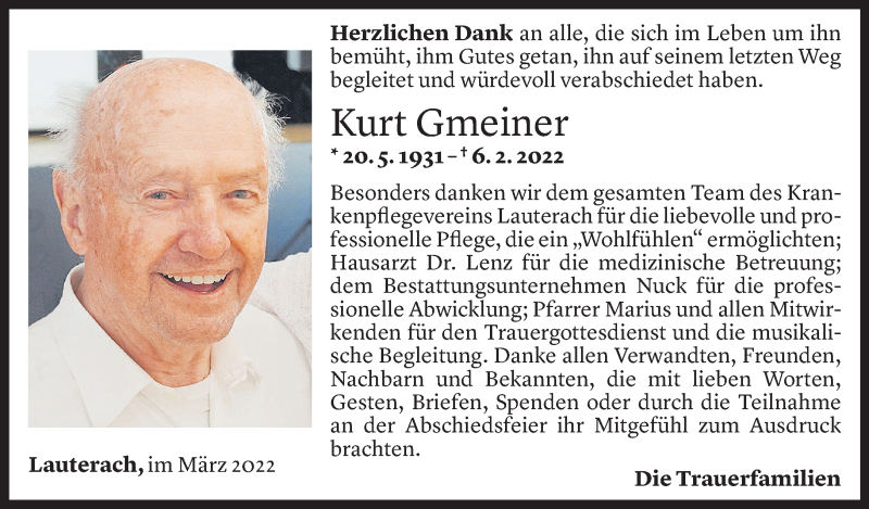  Todesanzeige für Kurt Gmeiner vom 04.03.2022 aus Vorarlberger Nachrichten