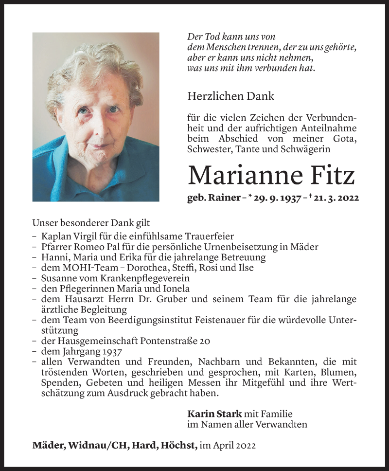  Todesanzeige für Marianne Fitz vom 31.03.2022 aus Vorarlberger Nachrichten