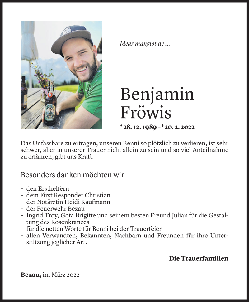  Todesanzeige für Benjamin Fröwis vom 09.03.2022 aus Vorarlberger Nachrichten