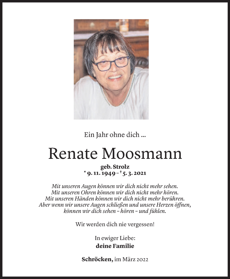  Todesanzeige für Renate Moosmann vom 04.03.2022 aus Vorarlberger Nachrichten
