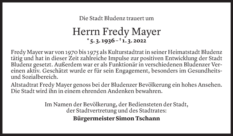  Todesanzeige für Fredy Mayer vom 05.03.2022 aus vorarlberger nachrichten